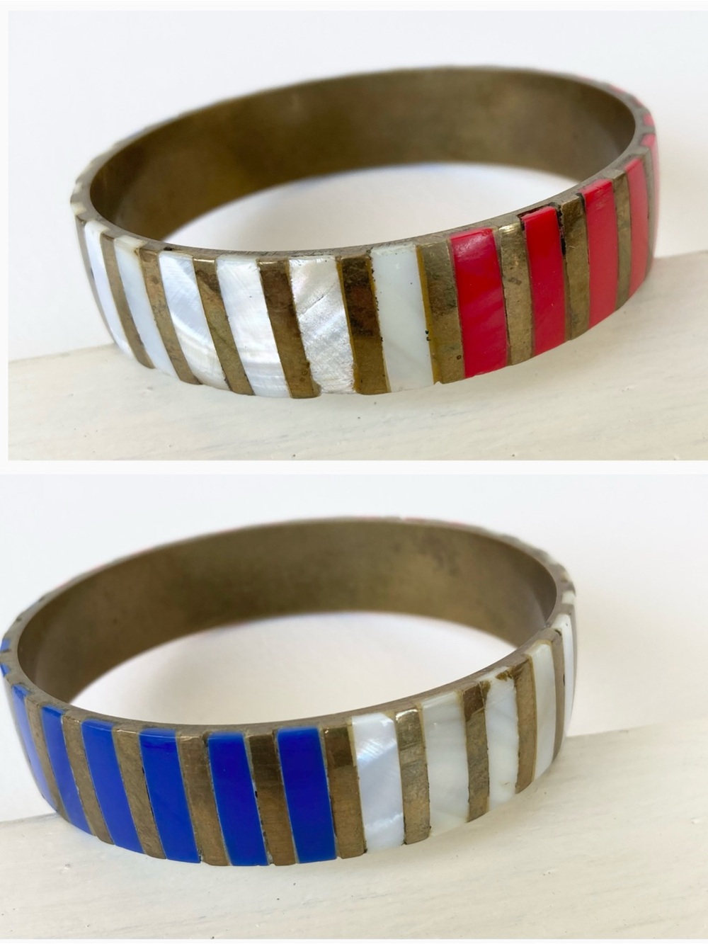 Vintage patriotic seashell inlay bangle bracelet red white and blue 4th of July